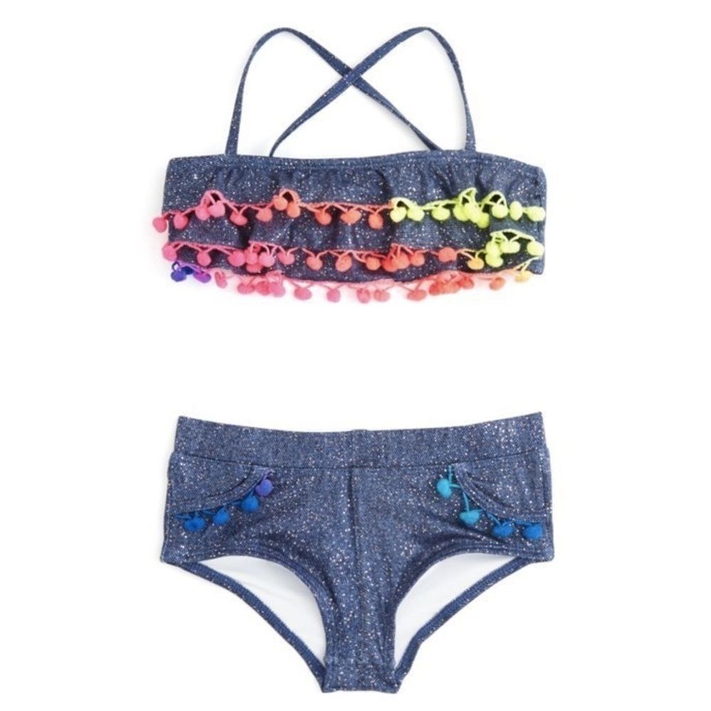 Pilyq Girls Sparkle Denim Pom Pom Ruffle Bikini Sz. 10 NWT